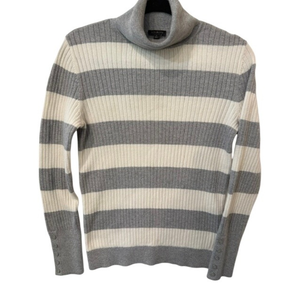 Talbots Womens Small Gray White Striped Ribbed Turtleneck Sweater Button Cuffs